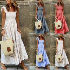 Summer, Полиэстер, plaid, neck dress