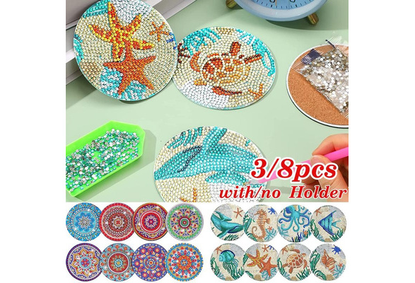 3/8 Pcs Diamond Painting Coasters with/no Holder, Mandala Ocean Coasters  DIY Diamond Art Crafts for Adults, Small Diamond Painting Kits Accessories