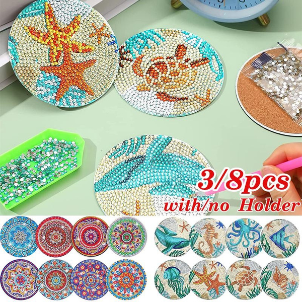 3/8 Pcs Diamond Painting Coasters with/no Holder, Mandala Ocean