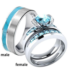 Couple Rings, Steel, Turquoise, Engagement Wedding Ring Set