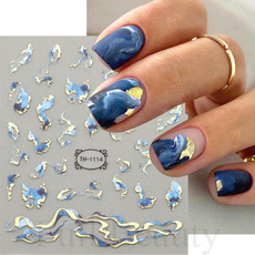 Blues, golden, nail decals, Flowers