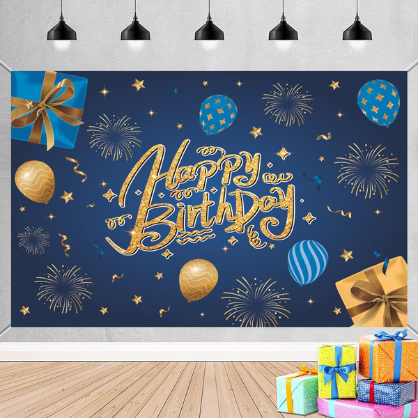 Blue Happy Birthday Party Backdrop Gold Glitter Balloons Background