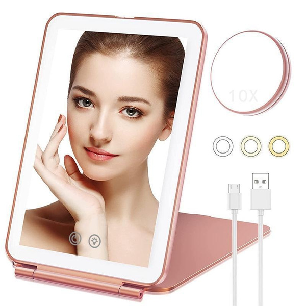 LED Lighted Travel Makeup Mirror with 10X Magnifying Mirror, Vanity