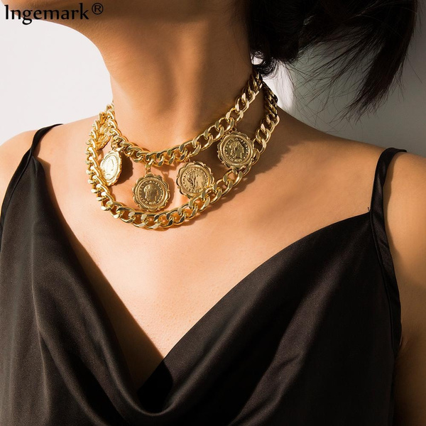 Exaggerated Punk Cuban Chunky Chain Necklace Collar Statement  European&America Fashion Coin Pendant Big Necklace Women Jewelry