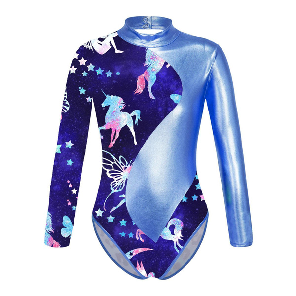 TFJH Body Intero Da Ginnastica Per Ragazze - Tuta Sportiva Lucida Con Stampa, Elasticizzata 4 Vie, Asciugatura Rapida, Per Fitness E Competizioni