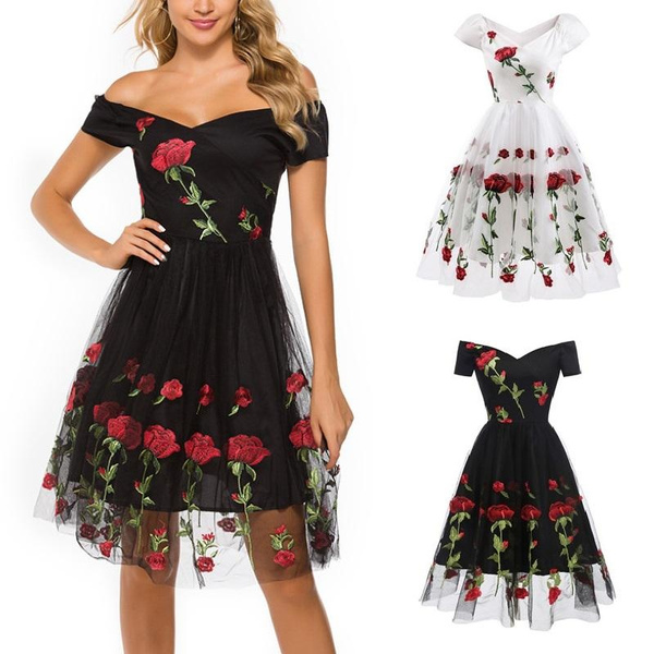 Women Fashion Elegant Embroidered Rose Flower Lace Dress Ladies Off Shoulder Floral Double Layer