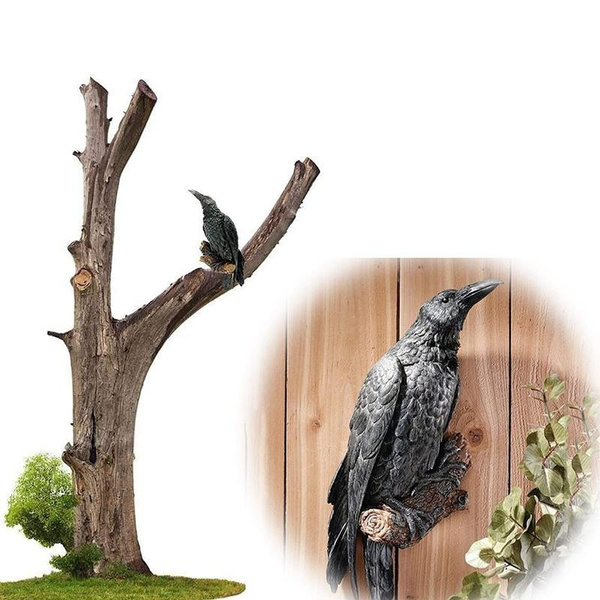 Black Raven Statue Fake Raven Resin Statue Bird Crow Sculpture Outdoor ...