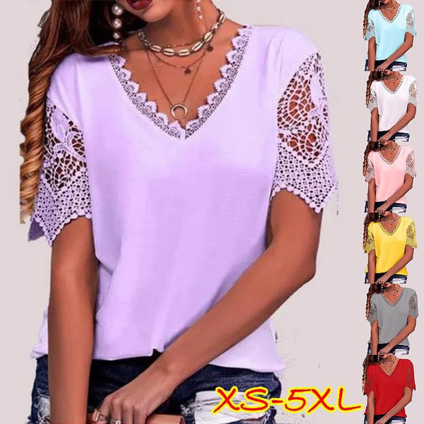 New Summer Women's Solid Color Lace V-Neck Short Sleeve Tops Elegant Ladies  Clothes Soft and Comfortable Loose Blouses T-Shirts Plus Size