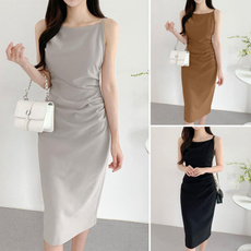 sleeveless, pleated dress, Necks, solidcolordres