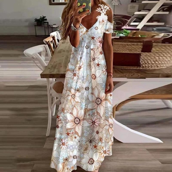 Women's Summer Dress Wide Shoulder Strap Floral Print Bohemian