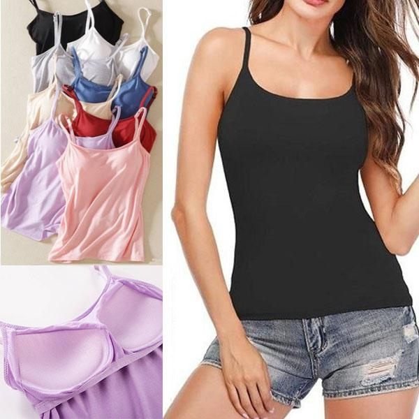 Women Vest Tank Top With Built-in Bra Spaghetti Strap Padded