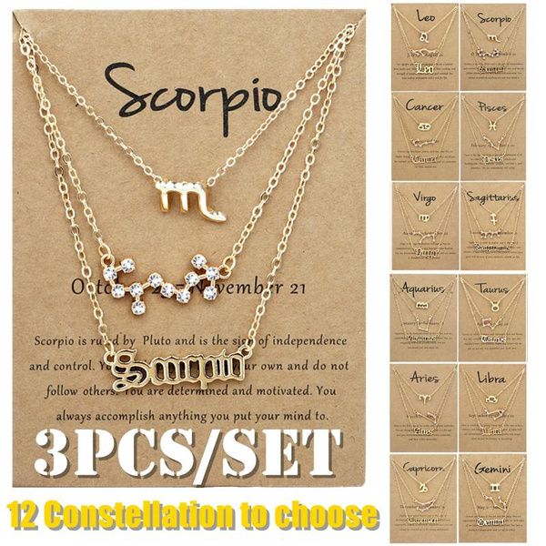 3pcs Set Constellation Zodiac Layer Necklaces For Women Girls Retro Gold Plated 12