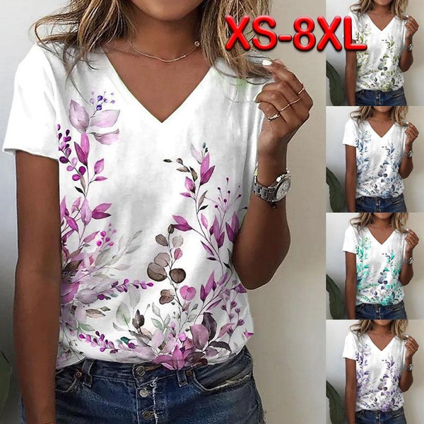XS-8XL Women's Fashion Summer Clothes Casual V-Neck Short Sleeved Tops  Ladies 3D Plants Printed Shirts Plus Size Blouses Loose Cotton T Shirts Tee