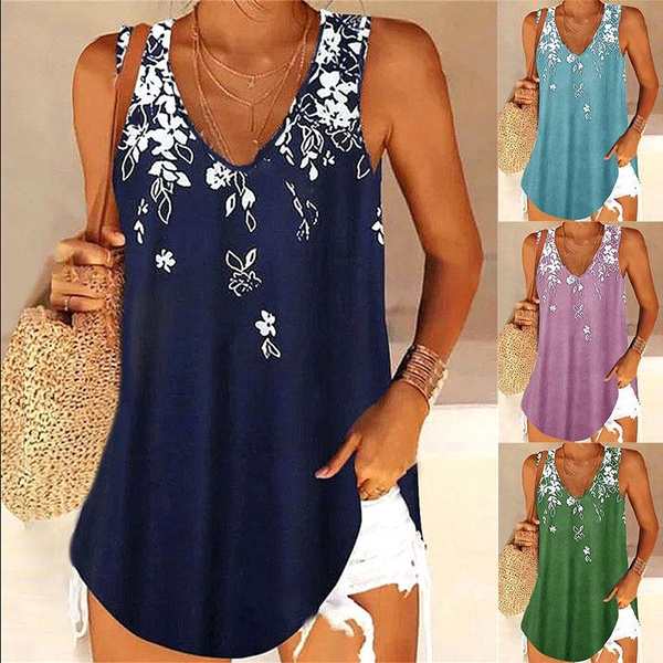 Women's Summer Tops Plus Size Fashion Clothes Sleeveless Printing Blouses  Ladies Casual V-neck Elegant Camisoles Party Tops Solid Color Vest Boho Tops  Off Shoulder Beach Wear Flower Floral Tank Tops