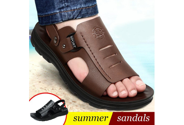 Summer Fashion Men Leather Shoes Men Slip On Casual Flip Flops Open Toe  Breathable Travel Shoes for Male Genuine Leather Sandals Zapatos De Hombre