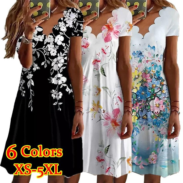 Plus Size Women's Clothing Summer Fashion Wavy V-neck Floral Printed Short  Sleeved Dresses Knee Lenght Loose Casual Dresses Beach Wear Party Dresses