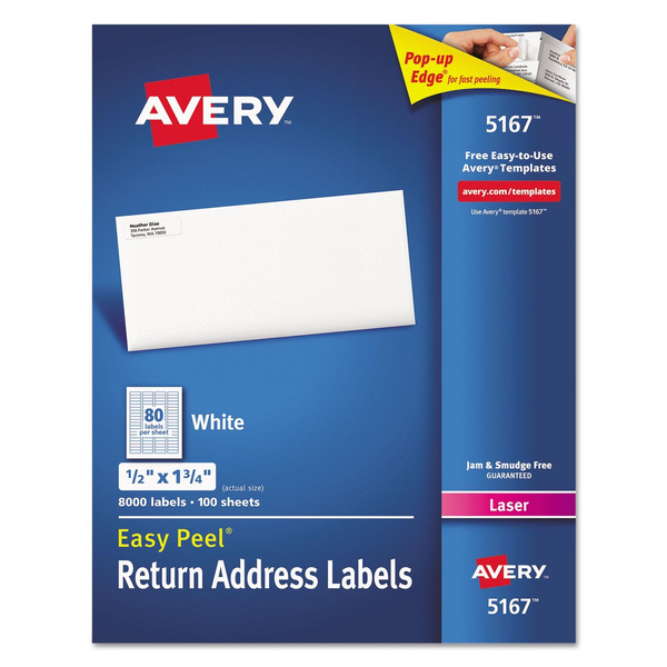 Avery Easy Peel Laser Return Address Labels, 1/2"" X 13/4"", White, 80