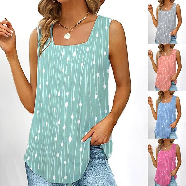 Women's Casual Summer Tops Plus Size Fashion Clothes Printed Blouses  Sleeveless Tank Tops Ladies Square Neck Tops Solid Color Boho Tops  Camisoles Beach Wear Loose Shirts