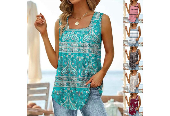 Women's Casual Summer Tops Plus Size Fashion Clothes Printed Blouses  Sleeveless Tank Tops Ladies Square Neck Tops Solid Color Boho Tops  Camisoles Beach Wear Loose Shirts