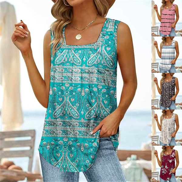 Women's Casual Summer Tank Tops Plus Size Fashion Clothes Printed Tops  Sleeveless Blouses Ladies Square Neck Tops Solid Color Boho Tops Camisoles  Beach Wear Loose Shirts