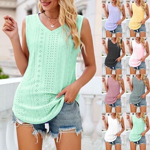 Women's Casual Summer Tops Plus Size Fashion Clothes Sleeveless Blouses  Club Tops Sleeveless Tank Tops Ladies Deep V-neck Lace Tops Solid Color  Boho Tops Camisoles Hollow Out Beach Wear Loose Shirts