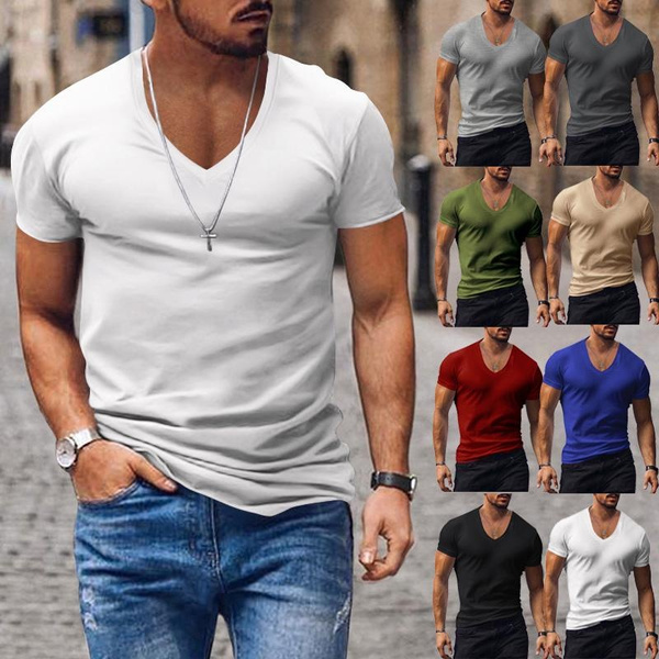 Men\'s V-neck T Shirt Slim Fit Cotton T-shirt Short Sleeve Solid Color  Casual Tops for Men | Wish