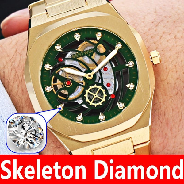 New Casual Fashion Bestwin Men Diamond Skeleton Watches Waterproof ...