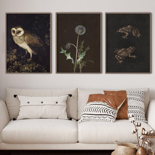 Vintage Dandelion Wildflower Art Print Moody Owl Painting Canvas Poster ...