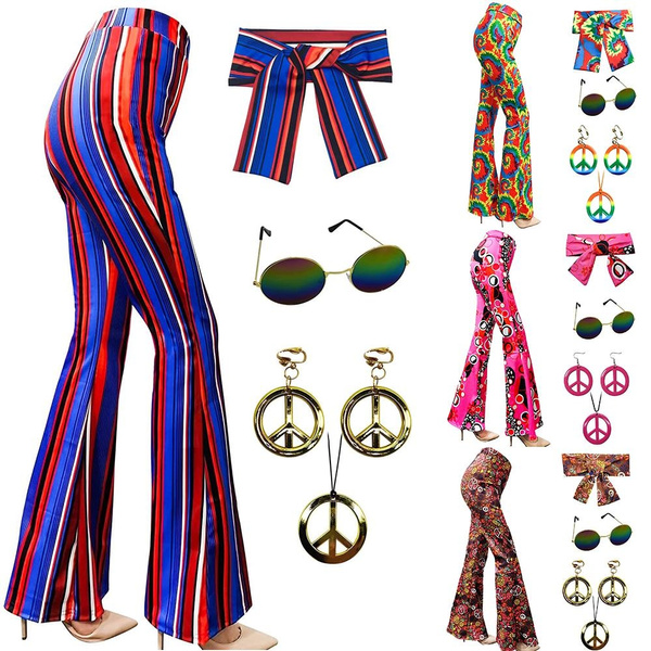 70s 80s Women Hippie Costume Set, Bell Bottom Flared Pant for Halloween ...