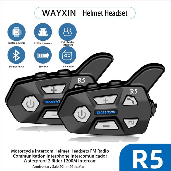 2PCS WAYXIN R5 Motorcycle Helmet Headset For 2 Rider 1200M Bluetooth ...
