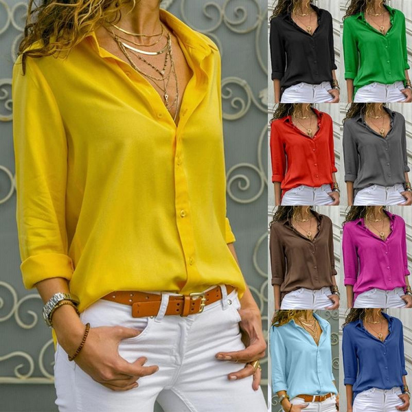 Women Casual Long Sleeve Shirts Deep V-neck Ladies Fashion Loose T