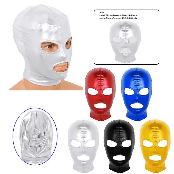 Unisex Women Mens Cosplay Face Mask Latex Shiny Metallic Open Eyes and