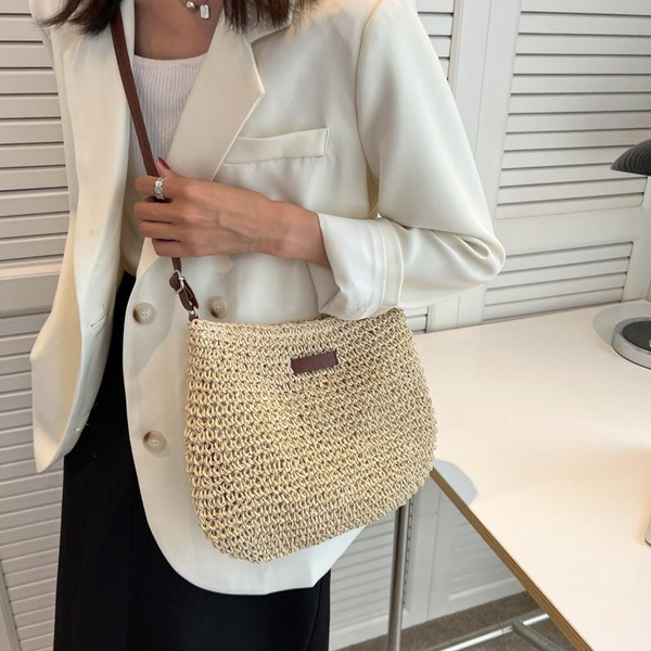 Straw Handbags Women Handwoven Round Corn Straw Bags Natural Chic Hand ...