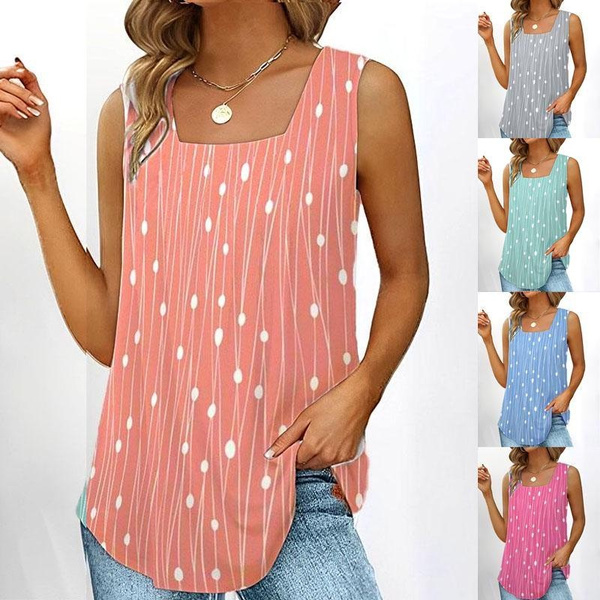 Stamzod Womens Summer Tops Fashion Prinded Square Neck Comfortable Loose  T-shirt Sleeveless Blouse Casual Tops Clearance 