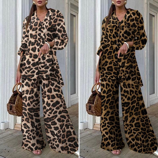 Casual Loose Print Shirt With Wide Leg Pant Two Piece Set Women