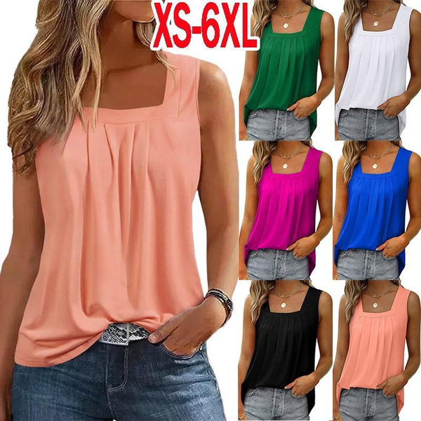 XS-6XL Womens Fashion Plus Size Clothing Summer Tops for Woman Casual  Sleeveless Camisole Pleated Blouses Solid Color T-shirt Ladies Loose Shirts  Cami