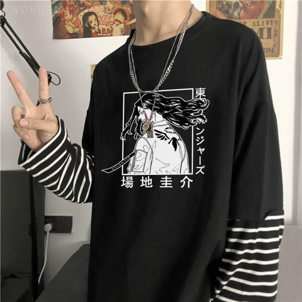 Manga Anime Tokyo Revengers Fake Two Pieces Long Sleeve T Shirts Harajuku  Keisuke Baji Graphics Unisex Oversized Striped T-Shirt