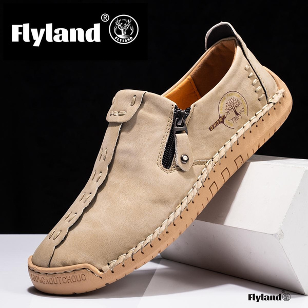 FLYLAND Men's Leather Loafers Vintage Hand Stitching Oxfords Shoes ...
