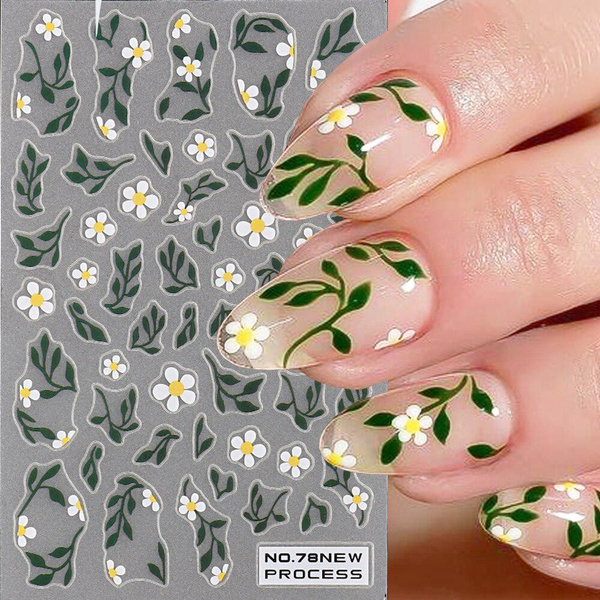 Flowers Leaf Stickers for Nails 3D Summer Daisy Acrylic White Lace