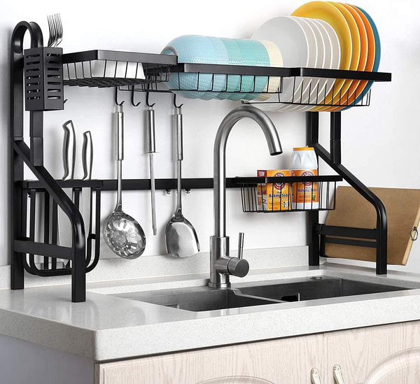 2 Tier Over The Sink Dish Rack with 5 Utility Hooks in Black | Wish