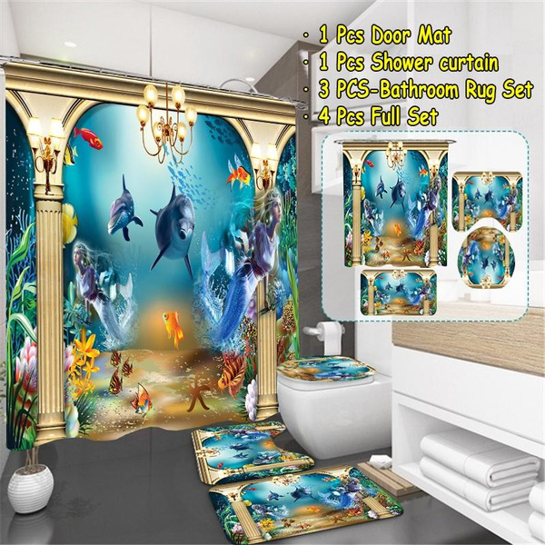 3D Gold Seaworld Dolphin Bathroom Decor Shower Curtain Set Waterproof