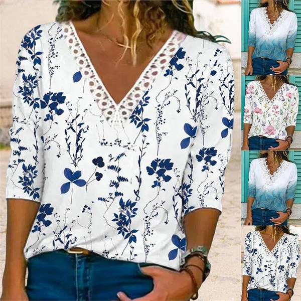 Hot Sale Women Spring Summer T-shirt Casual Tops Fashion Lace Long ...