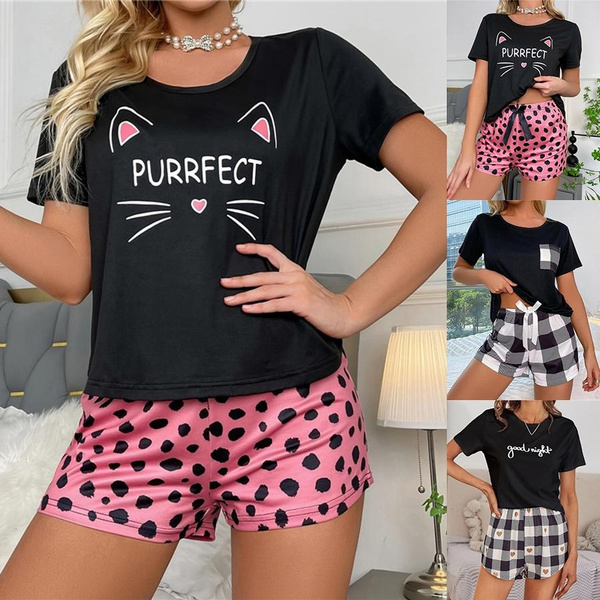 Women's Cute Pajamas Set Cat Print Casual Sleepwear Fashion Short Sleeve  Top + Shorts Femmes Pyjamas