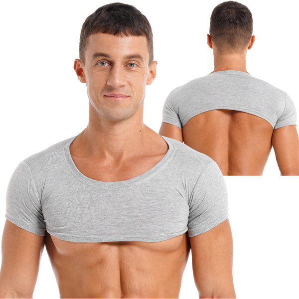 Men Crop Tops Workout Short Sleeve Round Neck Muscle Half Tank Top