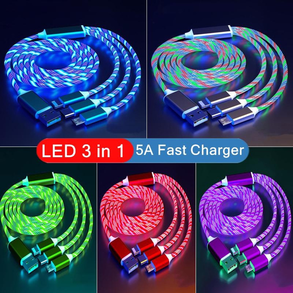 5 Colors LED Light 3 In 1 Data Cable Phone For Android Type C Charging ...