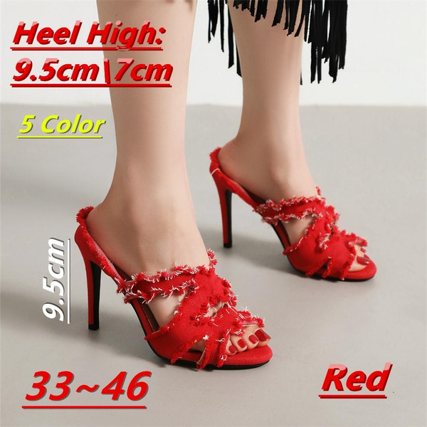Fashion Denim Tassel Stiletto Heels Peep Toe Slip on Sexy Dress Sandals