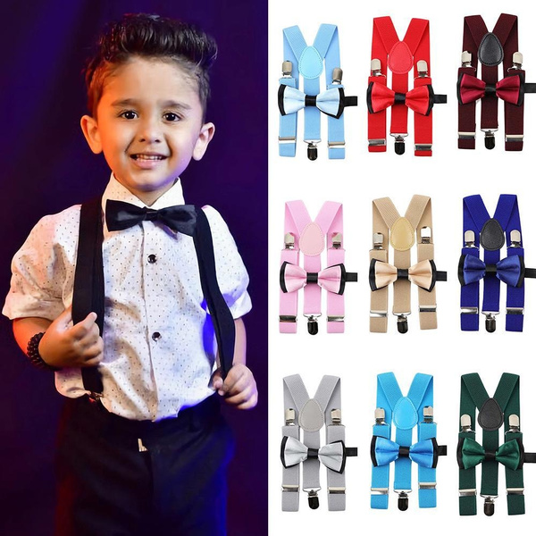 Kids Bow Tie Suspender Set for Children Formal Solid Color Bow Tie