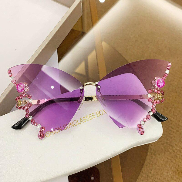 Rhinestone Butterfly Sunglasses Women Vintage Rimless Oversized Sun Glasses Ladies Eyewear Gafas