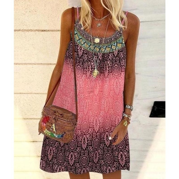 Women's Summer Casual Boho Dress Sleeveless Print Mini Beach Dresses ...