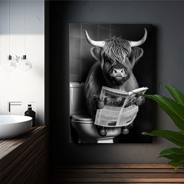 Cute and Funny Highland Cow on the Toilet - Black and White Canvas Wall ...